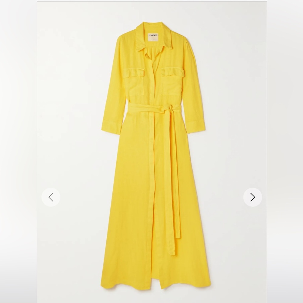 L’agence Cameron Belted Linen Maxi Shirt Dress - Yellow  S